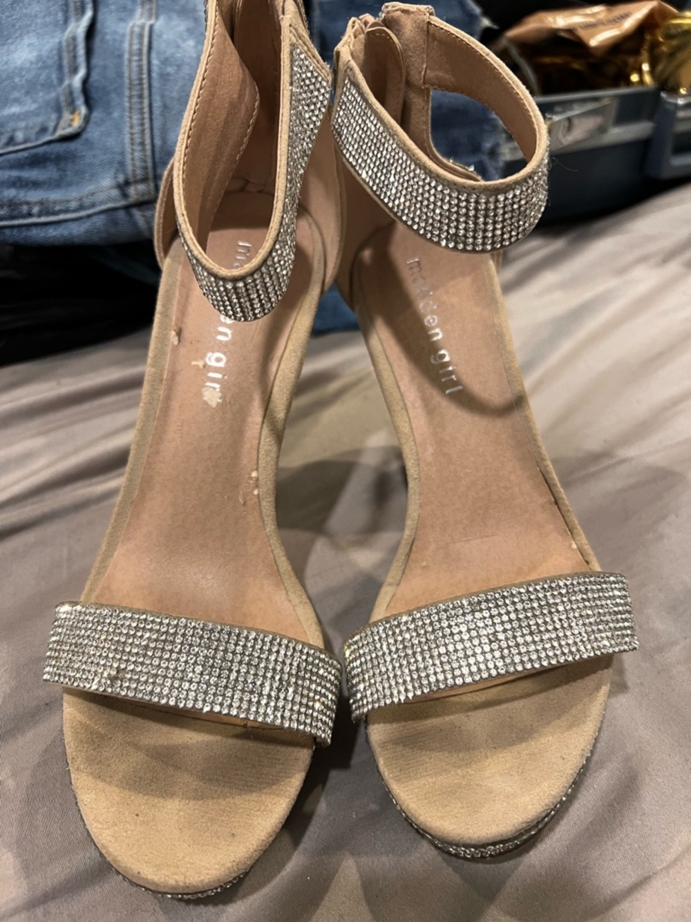 Women's Beige Rhinestone Ankle Strap Heels l 6